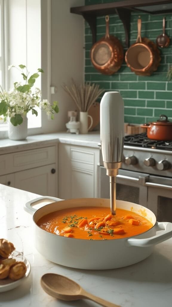 Carrot Ginger Soup - A Silky Smooth One-Pot Wonder 6 Making vibrant orange carrot soup with immersion blender in a modern kitchen with green subway tile backsplash and marble countertops, under natural daylight