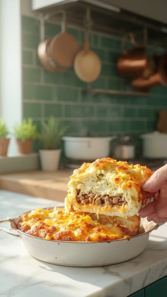 Baked casserole being served in a modern kitchen with green subway tile backsplash, wooden utensils, cream-colored prep bowls, and copper pots under natural daylight.