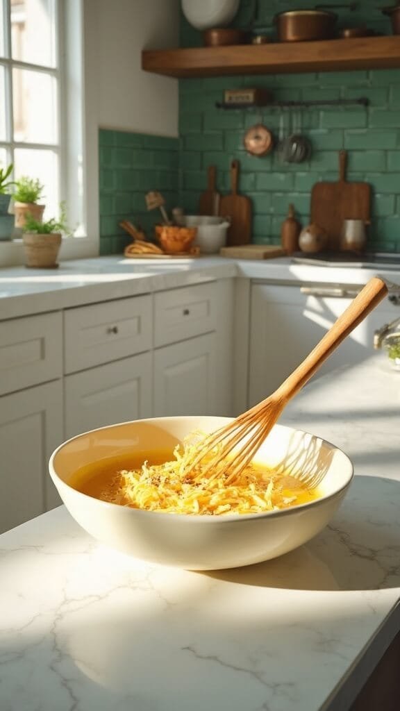 Beaten eggs with shredded cheese in a cream-colored mixing bowl on a white marble countertop in a modern kitchen illuminated by natural daylight