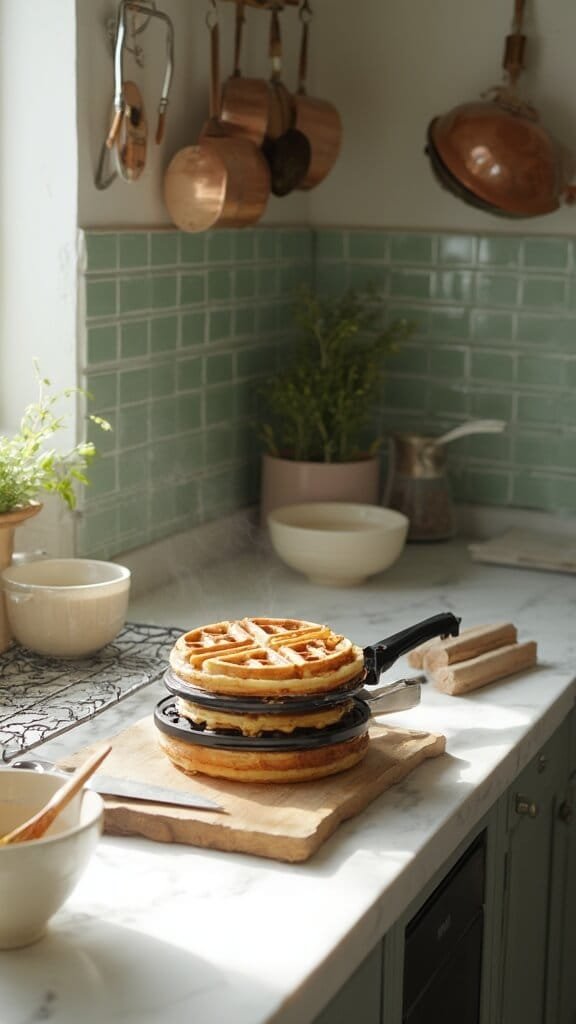 Professional food photography of chaffle cooking process in a modern kitchen with wooden utensils, cream-colored ceramic bowls, and a mini waffle maker