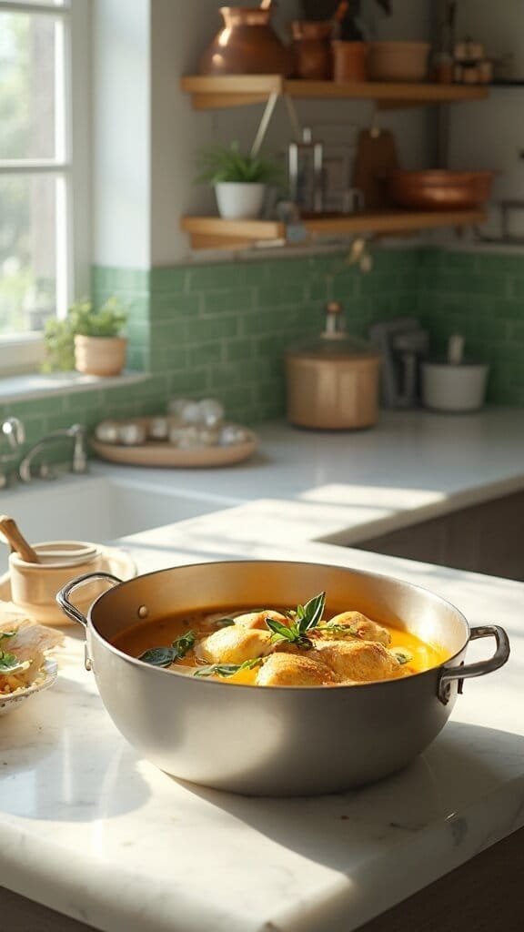 Chicken and vegetables in a pot, with coconut milk and broth added, in a modern kitchen with green subway tile backsplash and cream-colored prep bowls.