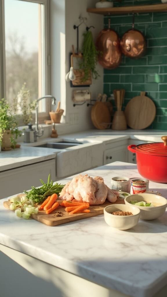 Fresh ingredients for chicken curry soup arranged on a modern kitchen countertop with warm, earthy color grading, lit by natural daylight.