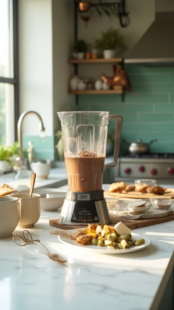 Blender preparing a chocolate shake in a modern kitchen bathed in natural daylight, complete with white marble countertops, modern cookware, and green subway tile backsplash.