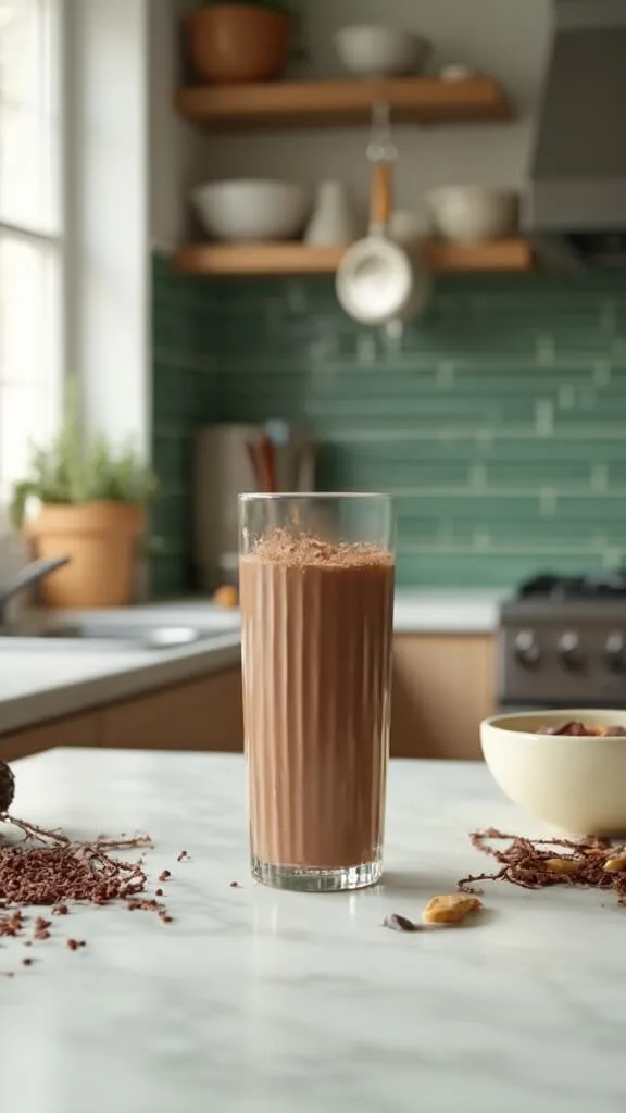 Chocolate shake in a tall glass on a marble countertop in a modern kitchen with green subway tile backsplash, copper pots, and wooden utensils under soft natural lighting.