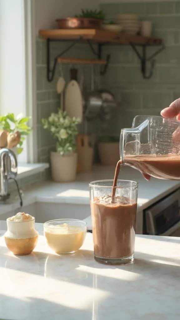 Chocolate shake being poured from a blender into a clear glass in a modern kitchen with white marble countertops, stainless steel appliances, and green subway tile backsplash
