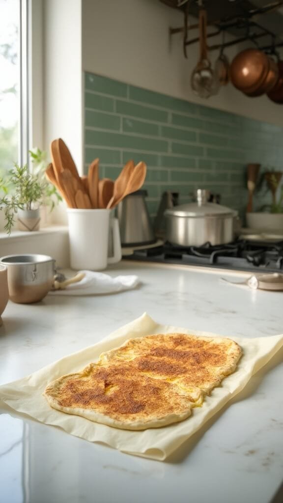 Keto Cinnamon Rolls (Fathead Dough Method) 5 Rolled out dough brushed with melted butter and cinnamon-sweetener mixture on a white marble countertop in a modern kitchen with green subway tiles and stainless steel appliances