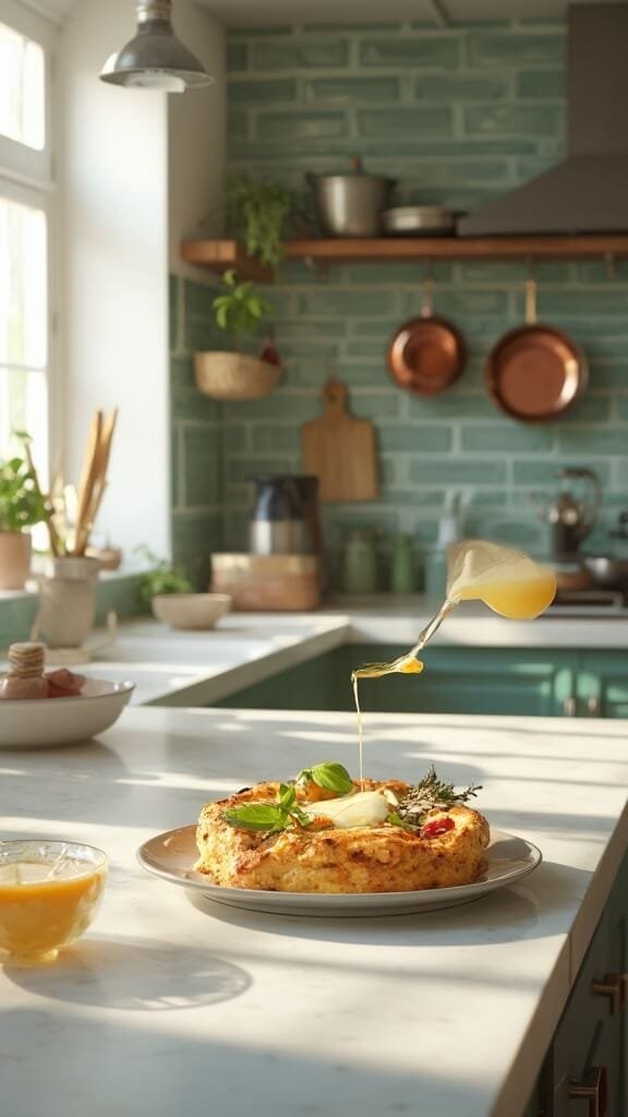 Egg mixture pouring over layered ingredients in a modern kitchen with green subway tile backsplash, wooden utensils, and marble countertops