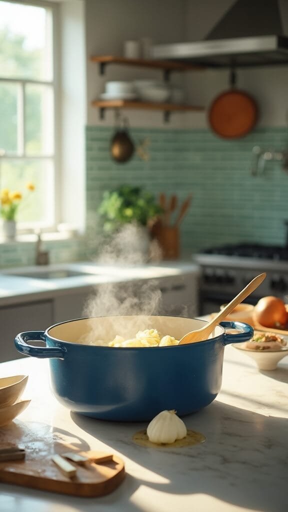 Carrot Ginger Soup - A Silky Smooth One-Pot Wonder 4 Modern kitchen with white marble countertops and green subway tile backsplash, featuring warm-toned cookware, clear prep bowls and a blue dutch oven with cooking onions. Shot in natural daylight from a 45-degree angle.