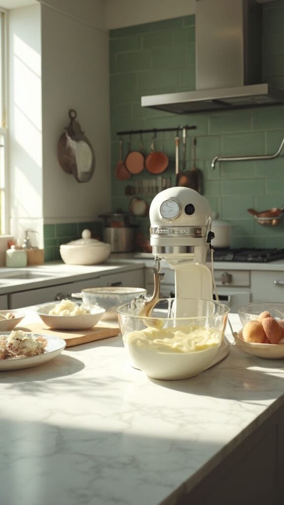 Classic Chewy Oatmeal Raisin Cookies 4 Professional food photography of a modern kitchen with creaming butter and sugar in a stand mixer, featuring modern cookware, wooden utensils, and clear prep bowls on white marble countertops under natural daylight.