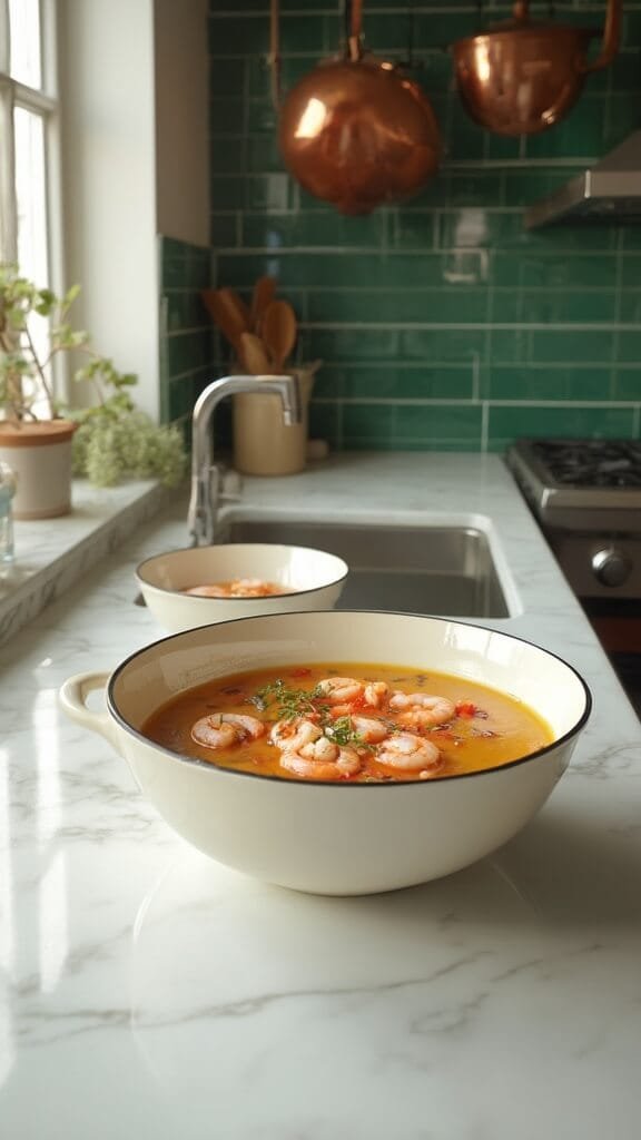 Coconut Curry Shrimp Soup 6 Fresh shrimp being added to creamy soup in a modern kitchen with white marble countertops, wooden utensils, and copper pots.