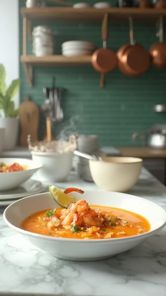 Coconut Curry Shrimp Soup 7 Professionally photographed soup with pink shrimp and vibrant vegetables in a cream-colored ceramic bowl in a modern kitchen with green subway tiles and wooden utensils, shot with a canon 5d mark iv camera.