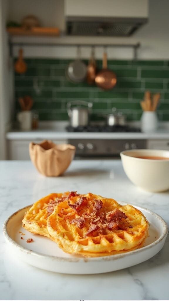 Golden-brown chaffles with crispy edges and topped with crumbled bacon on a white ceramic plate in a modern, daylight-lit kitchen