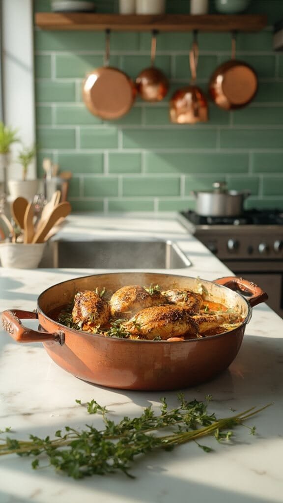 Chicken and vegetables browning in dutch oven in a modern kitchen with green subway tile backsplash, wooden utensils, and cream-colored prep bowls