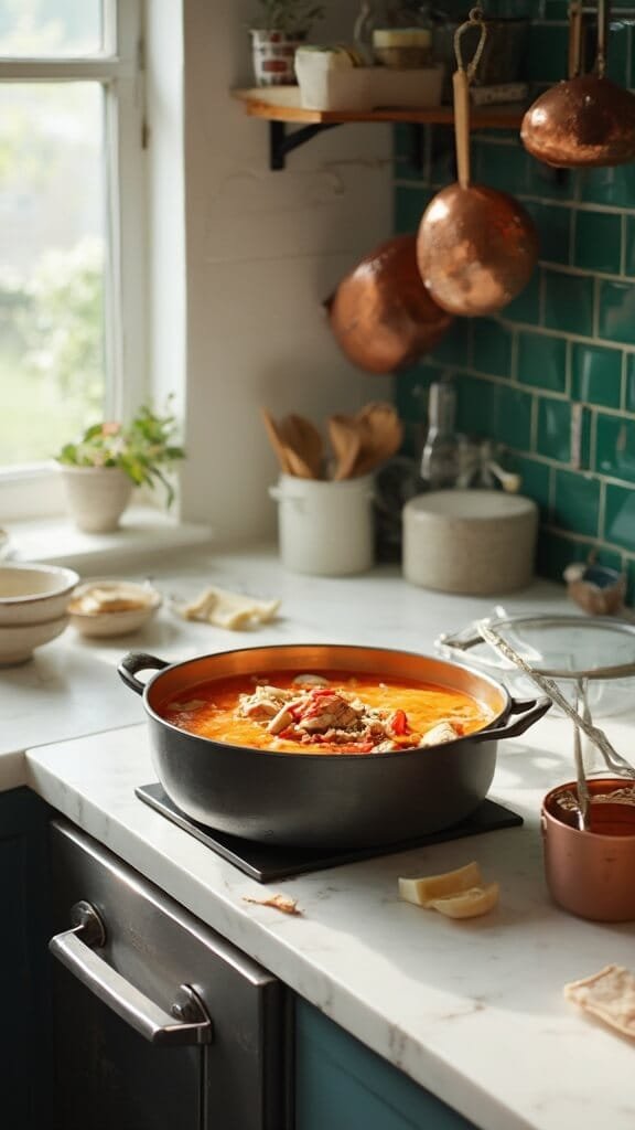 Coconut Curry Shrimp Soup 5 Simmering coconut milk broth with red curry paste, sliced mushrooms, and red bell peppers in dutch oven on white marble countertop in sunlit, modern kitchen with green subway tile backsplash and copper pots.