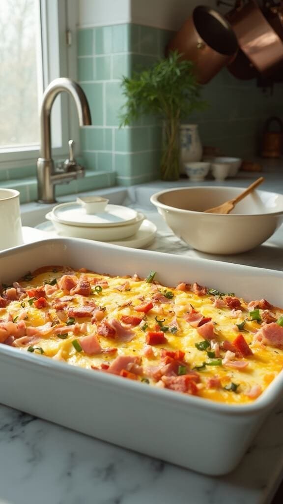 Diced ham, onions, and peppers layered over hash browns in a baking dish in a modern kitchen with green subway tiles and warm, earthy color grading