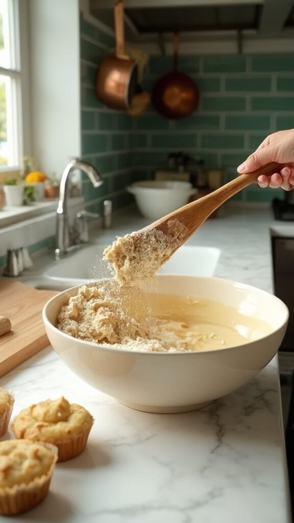 Mixing wet and dry ingredients for almond muffins in a modern kitchen