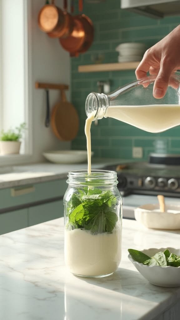 Hemp Protein Green Smoothie 4 Almond milk being poured into a blender jar filled with fresh spinach leaves in a sunlit modern kitchen