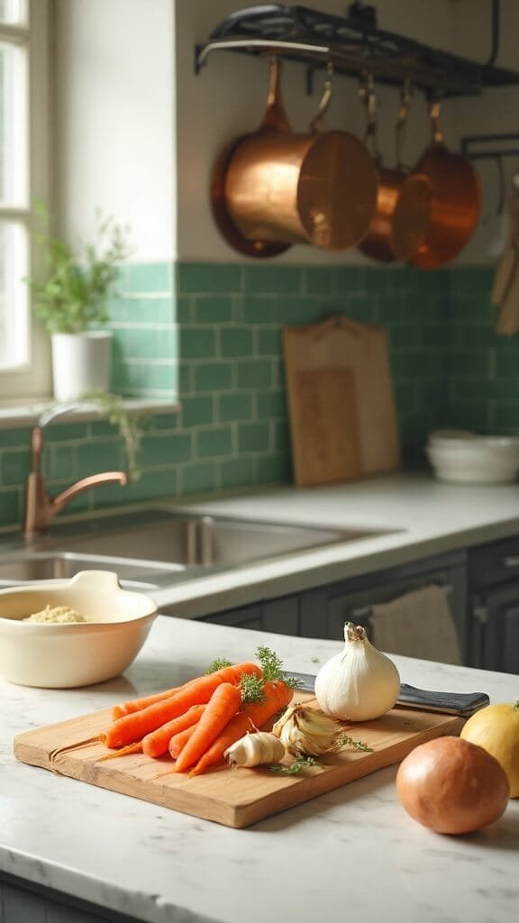 Carrot Ginger Soup - A Silky Smooth One-Pot Wonder 3 Fresh vegetables on a wooden cutting board in a modern kitchen with natural daylight
