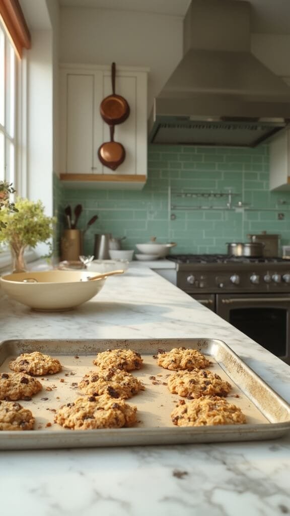 Classic Chewy Oatmeal Raisin Cookies 6 Freshly baked cookies on a baking sheet in a modern kitchen with green subway tile backsplash, wooden utensils and cream-colored ceramic bowls