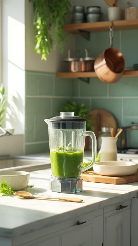 Hemp Protein Green Smoothie 6 Green smoothie blending in modern kitchen with wooden utensils, cream bowls, and copper pots under natural daylight