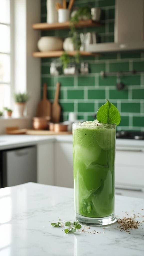Hemp Protein Green Smoothie 7 Delicious green smoothie garnished with spinach and hemp seeds in a glass with natural condensation, set on a marble countertop in a modern kitchen with wooden utensils, ceramic bowls, and green subway tile backsplash in natural daylight.