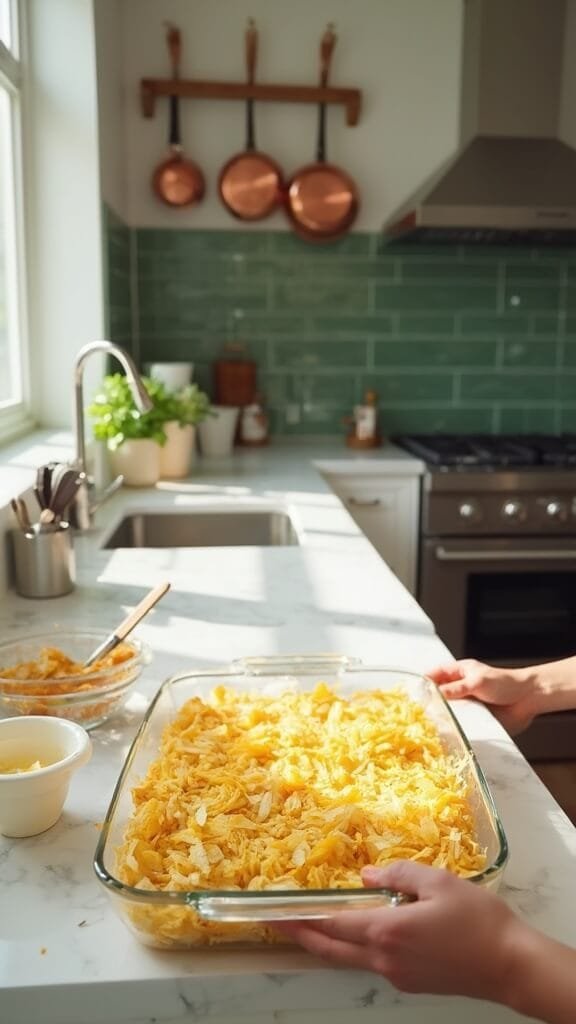 Hands arranging hash browns in a greased baking dish on a modern kitchen countertop with wooden utensils and ceramic bowls