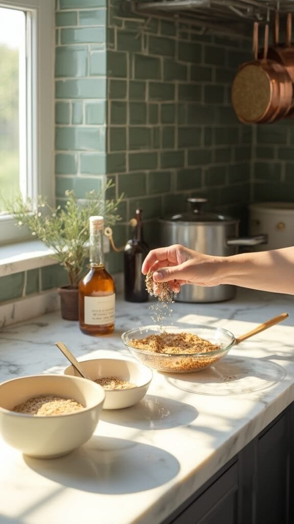 Keto Almond Butter &Amp; Flaxseed Fat Bombs 5 Adding ground flaxseed to almond butter mixture in a modern kitchen with natural daylight