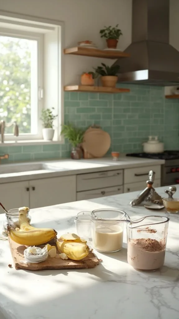 Modern kitchen with green subway tile backsplash, white marble countertops, stainless steel appliances, and neatly arranged baking ingredients including banana chunks, almond milk, cacao powder and protein powder.