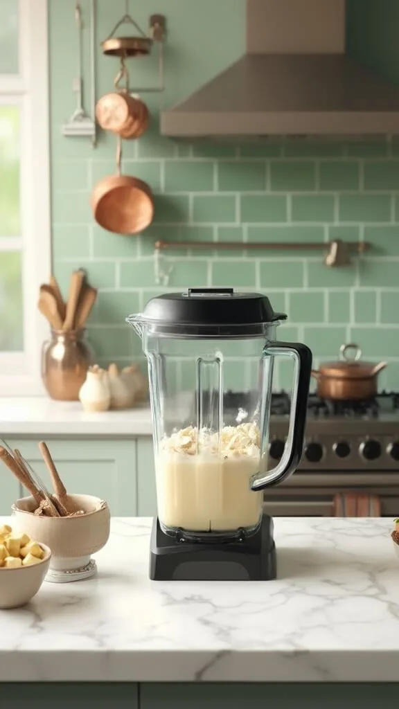High-end blender filled with frozen banana chunks and almond milk on a modern kitchen countertop, with protein powder and cacao ready to be added