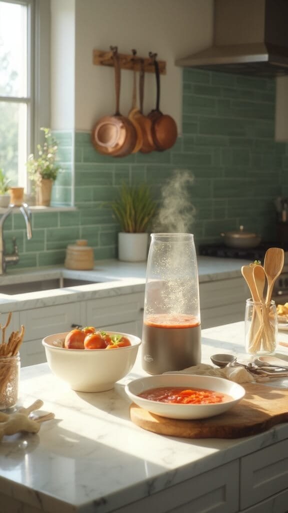 Professional food photography in a modern kitchen with immersion blender creating smooth soup, steam rising, and modern cookware on white marble countertops