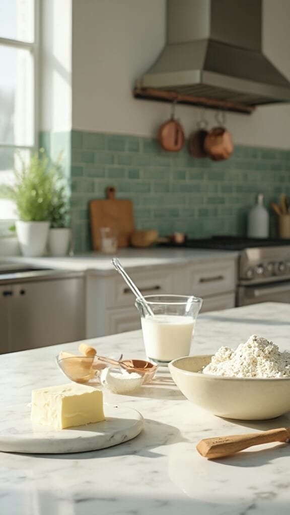 Traditional Irish Soda Bread 3 Ingredients for irish soda bread arranged on white marble countertop in modern kitchen with green subway tile backsplash, natural daylight casting soft shadows.
