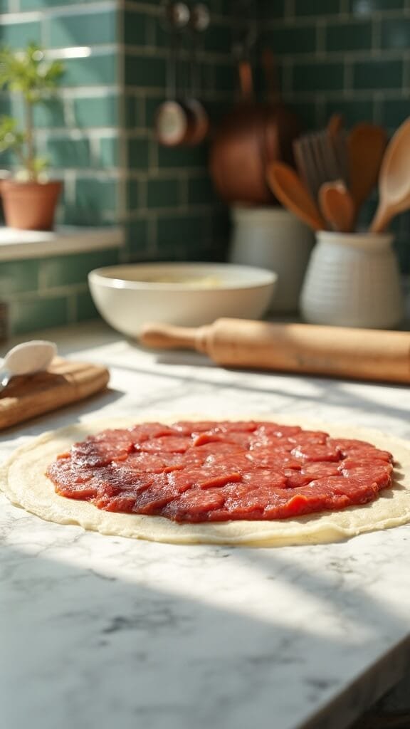 Sausage Crust Pizza (Keto-Friendly Italian Sausage Base) 3 Raw italian sausage being pressed into a thin crust in a modern kitchen