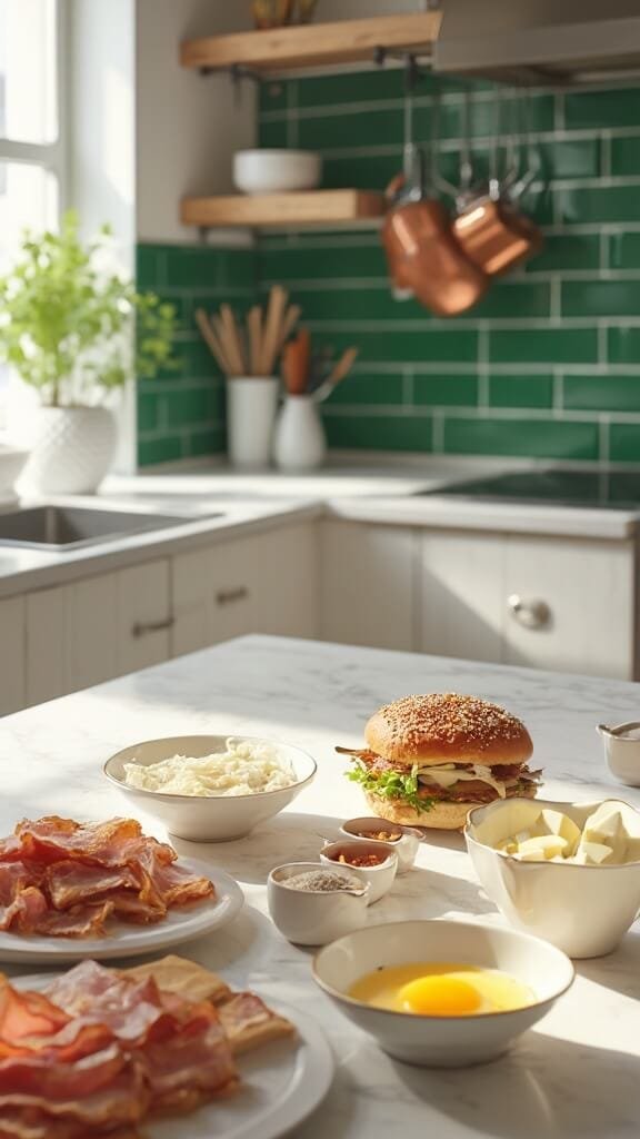 Ingredients for keto breakfast sandwich neatly arranged on a modern kitchen countertop, featuring beaten egg, mozzarella cheese, almond flour, spices, and raw bacon strips.