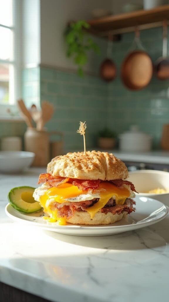 Keto breakfast sandwich with chaffle, melted cheddar, bacon, and egg on a white ceramic plate in a modern kitchen.