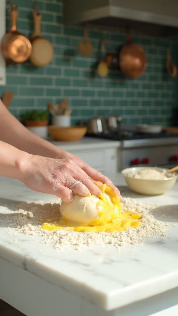Keto Cinnamon Rolls (Fathead Dough Method) 4 Hands mixing melted cheese and cream cheese with almond flour on a marble countertop in a modern kitchen with green subway tile backsplash and copper pots.