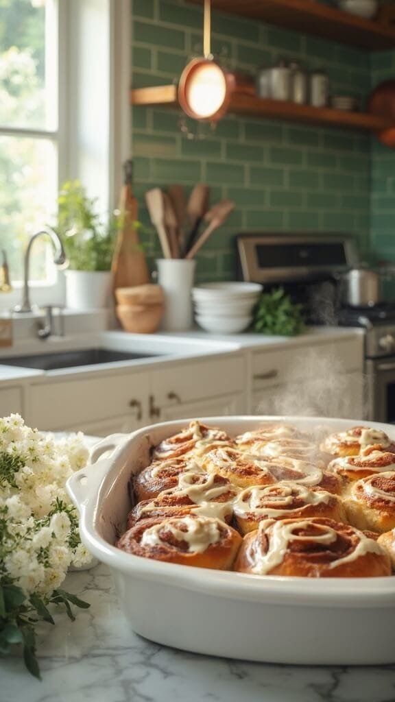 Keto Cinnamon Rolls (Fathead Dough Method) 7 Freshly baked keto cinnamon rolls in cream-colored ceramic pan on a white marble countertop in a modern kitchen, natural daylight casting soft shadows.