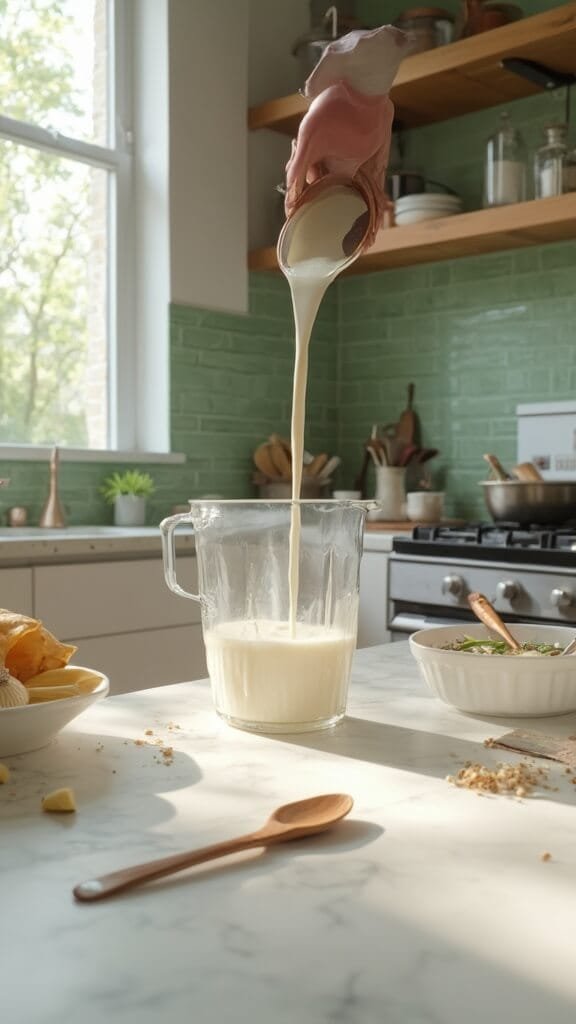5-Minute Chia Berry Protein Smoothie 4 Milk pouring into clear blender pitcher in a modern kitchen with warm, earthy color grading, green subway tile backsplash and copper pots on hanging rack