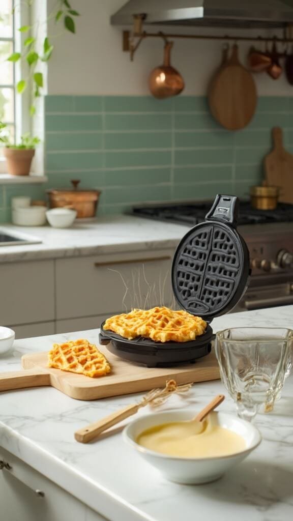 Golden brown chaffle cooking in a mini waffle maker on a modern kitchen countertop, with a mixing bowl of leftover batter nearby.
