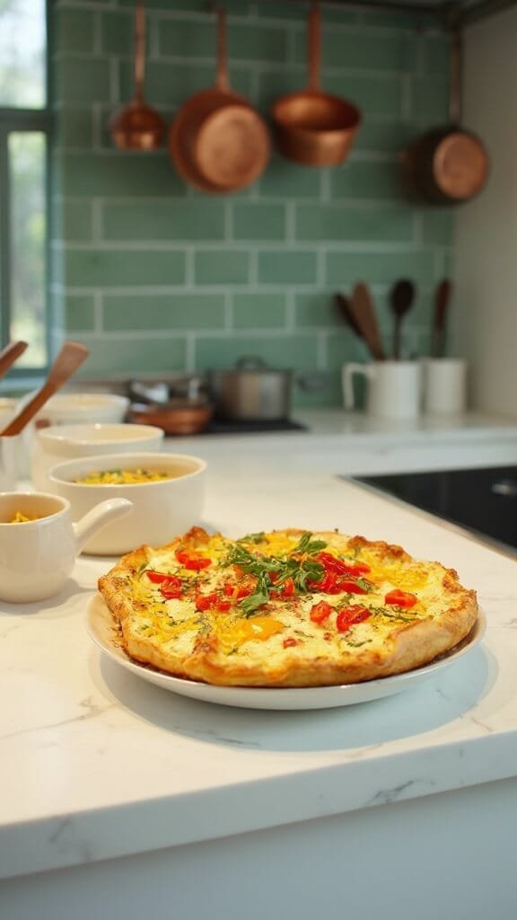 Sunlit modern kitchen with green subway tile backsplash and stainless-steel appliances, featuring colorful prepped eggs with toppings in cream ceramic bowls, wooden utensils, and copper pots on rack.