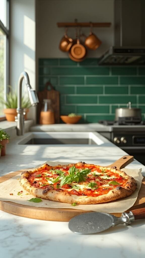 Sausage Crust Pizza (Keto-Friendly Italian Sausage Base) 7 Professional food photograph of a finished pizza with bubbly cheese, charred vegetables and fresh basil, in a modern kitchen setup with green subway tile backsplash and copper pots.