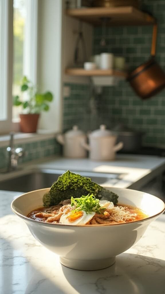 Final assembled ramen bowl with chashu, soft-boiled egg, spinach, green onion, and nori in a modern kitchen illuminated by natural daylight.