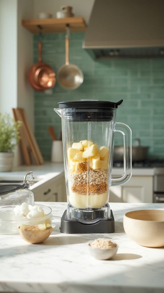 High-end blender with layered ingredients on a modern kitchen countertop, lit by natural daylight from a window, with green subway tile backsplash and copper pots on hanging rack in the background.