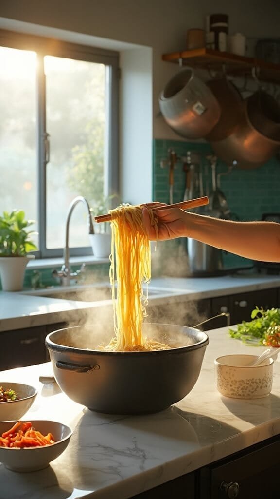 Homemade Pork Ramen 6 0 noodle prep steam rising