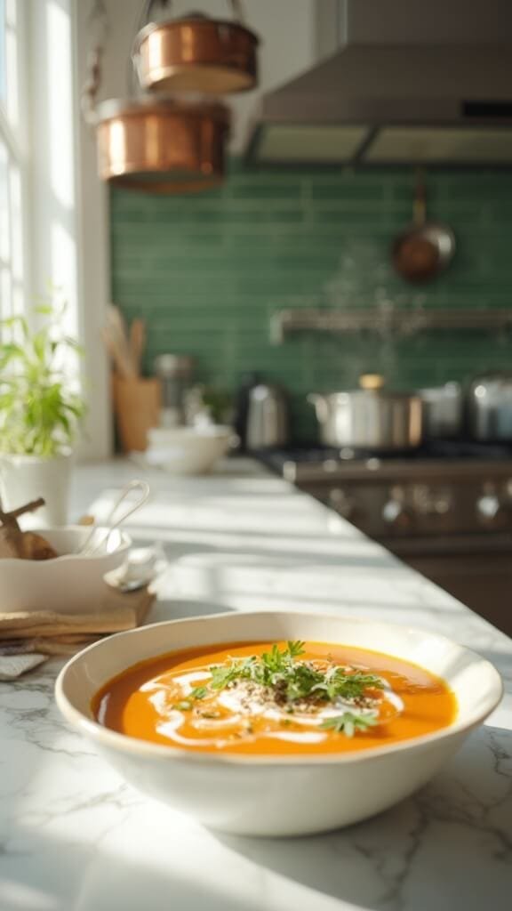 Carrot Ginger Soup - A Silky Smooth One-Pot Wonder 7 Modern kitchen with green subway tile backsplash, wooden utensils, and cream-colored bowls; white ceramic bowl of orange soup garnished with coconut milk and herbs under natural daylight