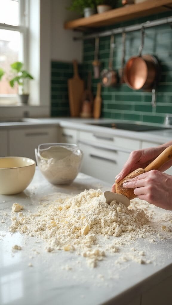Traditional Irish Soda Bread 4 Professional food photography in a modern kitchen, featuring flour mixture with butter being cut in using wooden pastry cutter on white marble countertop