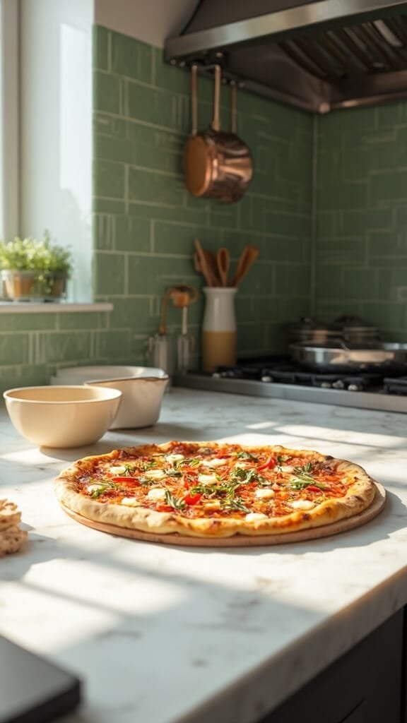 Sausage Crust Pizza (Keto-Friendly Italian Sausage Base) 6 Fully topped pizza with mozzarella and vegetables on a modern kitchen counter with wooden utensils, prep bowls, and modern green subway tile backsplash