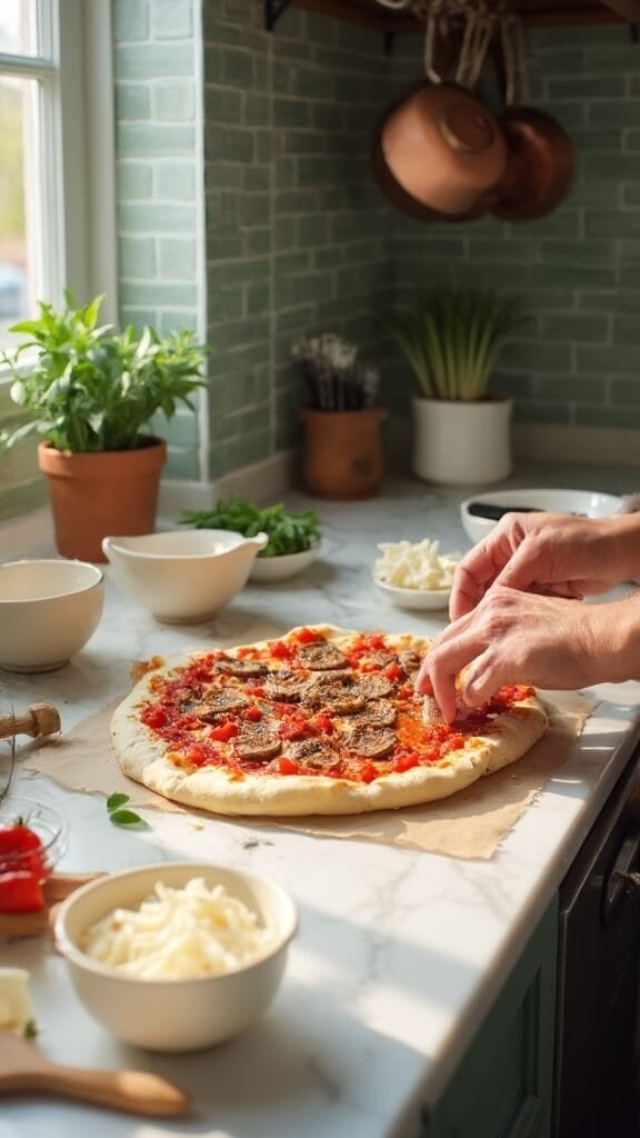 Sausage Crust Pizza (Keto-Friendly Italian Sausage Base) 5 Hands spreading marinara sauce on sausage crust with bowls of shredded mozzarella and fresh vegetables on a modern kitchen counter