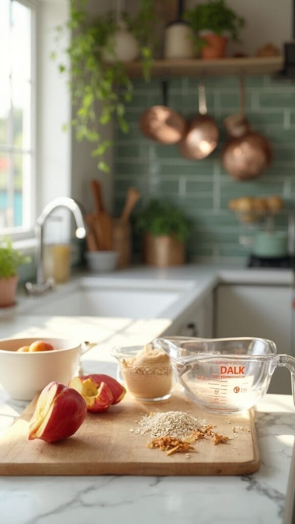 Apple being chopped on a wooden board in a modern kitchen with warm color grading, alongside prep bowls containing ingredients for a recipe