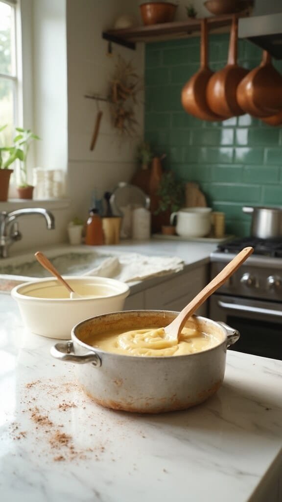 Thickened pudding in saucepan on white marble countertop in modern kitchen with green subway tile backsplash, wooden utensils, and cream-colored prep bowls