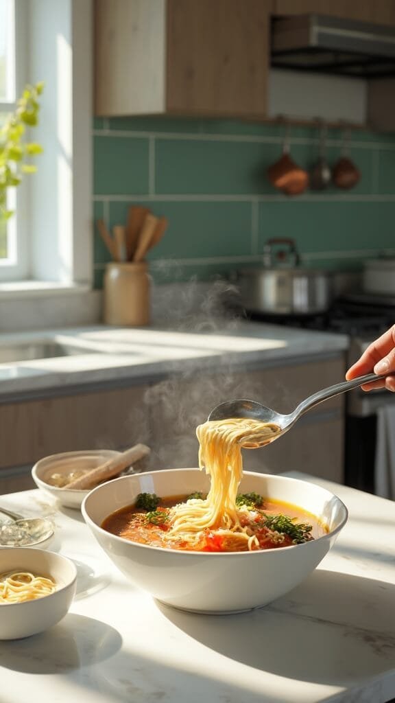 Steaming amber broth being poured into a ramen bowl with perfectly cooked noodles in a modern kitchen illuminated by natural daylight